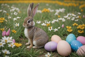 Wall Mural - Portrait of a bunny with colorful easter eggs in the beautiful spring flower meadow with copy space.