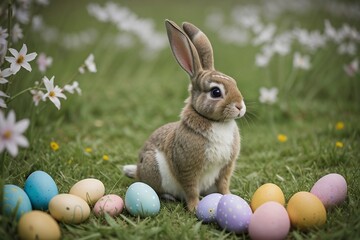 Wall Mural - Portrait of a bunny with colorful easter eggs in the beautiful spring flower meadow with copy space.