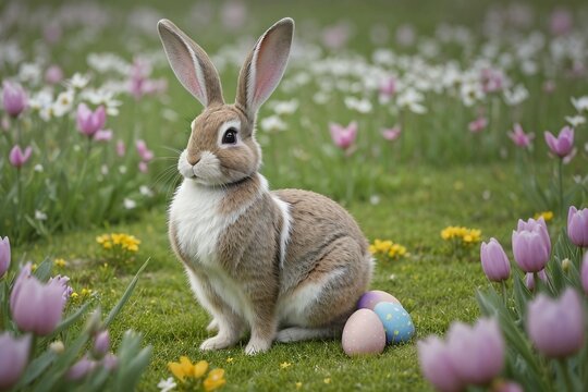 Portrait of a bunny with colorful easter eggs in the beautiful spring flower meadow with copy space.