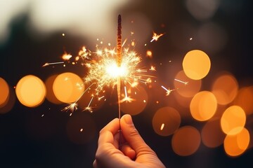 Poster - Hand with Flaming Sparkler, Vintage Bokeh, Celebration Night