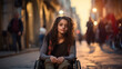 Young disabled woman in a wheelchair on the street of the city.