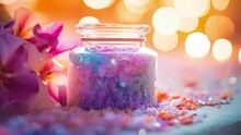 Closeup Of A Jar Of Exquisite Bath Salts Being Od, Revealing A Mesmerizing Blend Of Colorful Crystals And Flower Petals.