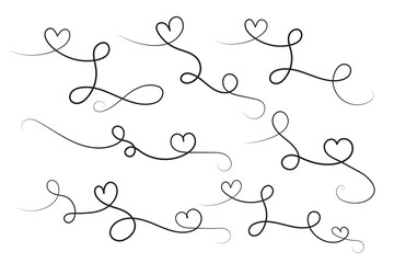 hand-drawn thin line heart swirl ornate, wavy line decorative hearts, calligraphy heart swirl Flourish ornament, outline doodle love Valentine Day design elements, continuous line swirl hearts