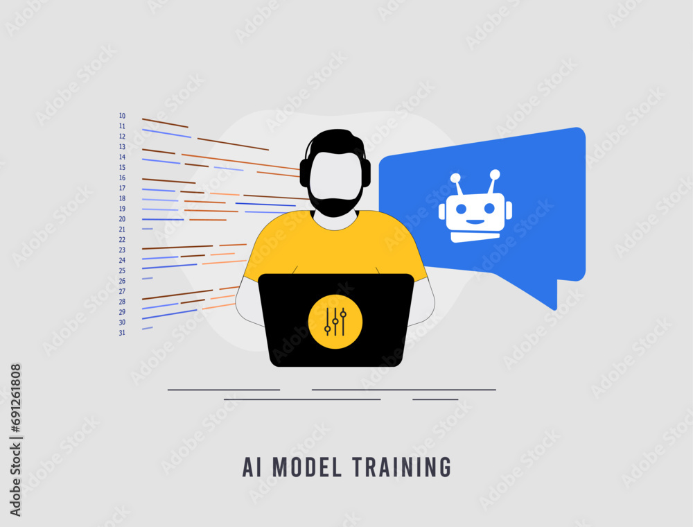 AI model training concept. Train Generative AI using Big Data. AI ML Model Training in Machine Learning. Vector illustration isolated on white background with icons