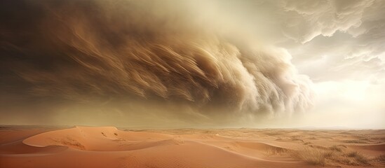 Canvas Print - Intense sand and dust storm in desert during hot summer day. Wild nature's danger and power in ai artwork featuring giant cloud carried by wind.