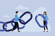 © Creativa Images - Businessman holding a chain and businesswoman with a missing link 2d vector illustration