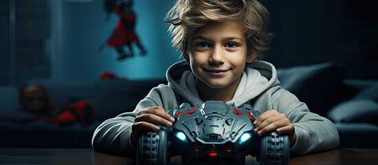 Boy with remote-controlled sports car toy and joystick.