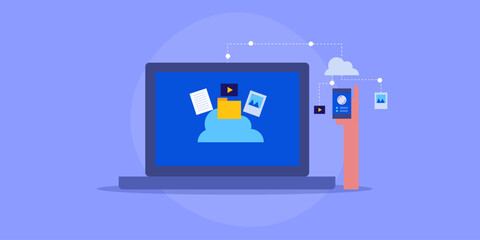Wall Mural - document, file storage sync with cloud system, accessing information from mobile device, secure data