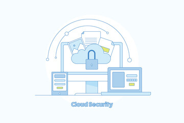 Wall Mural - cloud computing online file storage cyber security conceptual filled outline vector illustration.