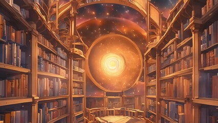 grand telescope stands tall center celestial library, surrounded shelves upon shelves cosmic chronic