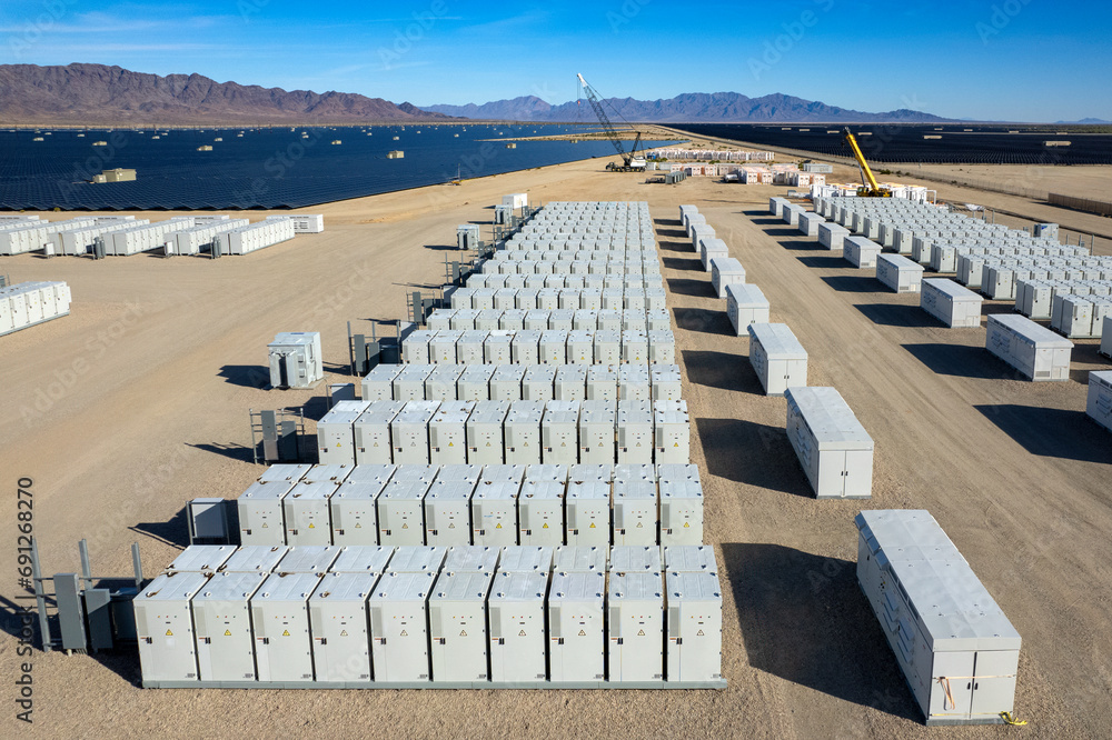 Aerial view of solar power and battery storage units in the desert ...