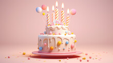 3d of birthday cake with copyspace on pastel background. Generative AI
