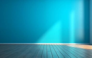 Wall Mural - Empty room blue turquoise wall and wooden floor, Use for product presentation.
