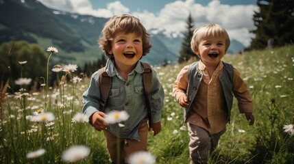 two little boys romping wildly in a spring meadow high in the mountains of Austria. laughing, frolicking and enjoying. sunny spring day. natural, diffuse sunlight. generative AI