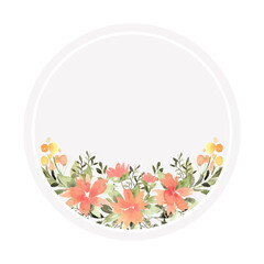 Floral watercolor round frame with orange, yellow flowers and greenery. Hand drawn illustration of botanical template for greeting cards or wedding invitations, mother's day, birthday, march 8, poster