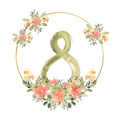 Floral watercolor round frame with orange, yellow flowers and greenery, frame with gold texture and March 8th. Hand drawn illustration of botanical template for greeting cards or wedding invitations