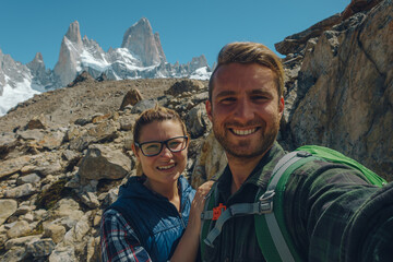 Wall Mural - young couple take photo of them self with the FitzRoy chalten mountain at the back