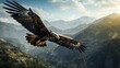 Flight of Grandeur: Majestic Eagle Soaring Over Mountainous Wilderness, power and freedom against the backdrop of the untouched and wild beauty of the wilderness.