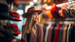 © PaulShlykov - Cheerful pretty young woman buyer choosing clothes from rack in clothing store, blurred background. Cute female shopaholic select and buying clothes in fashion boutique during sale.