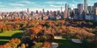 Autumn Central Park with downtown skyscrapers view from drone. Aerial of NY City Manhattan Central Park panorama in Autumn. Autumn in Central Park. Autumn NYC. Central Park Fall foliage.