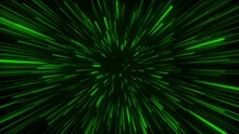 Seamless loop particle light zooming lines tunnel in space air on black background neon glow beam laser abstract 3D animation motion graphics visual effect colourful 4K green