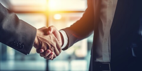 Businessman handshake for teamwork of business merger and acquisition,successful negotiate,hand shake,two businessman shake hand with partner to celebration partnership and business deal,Generative AI