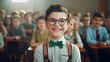 Smartly dressed young boy with glasses standing out in classroom. Childhood and education.