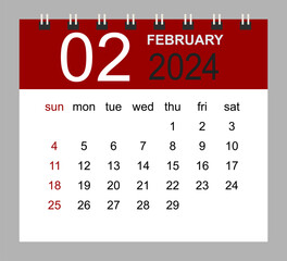 Wall Mural - February 2024. Vector monthly calendar template 2024 year in simple style for template design. Week starts from Sunday.