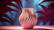 a vase of unique design, made of a light-colored and ribbed material. The background is pink and purple leaves