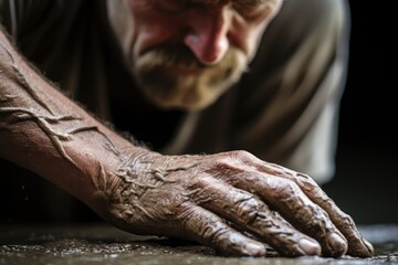 A person's hand, mid-30s, working diligently on a creative project. 