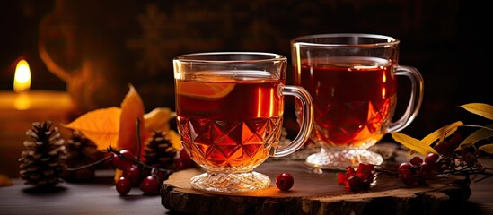 Sticker - Autumn or winter hot drink placed in a festive table setting, served in a double glass cup.