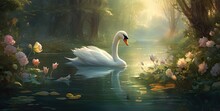 Dreamlike Serenity: Graceful Swans Amidst Pond Plants, Captured In The Ethereal Beauty Of Watercolors, Creating A Sublime, Artistic, And Harmonious Scene Of Nature's Tranquility.