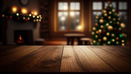 Wall Mural - Empty wooden table with christmas theme in background