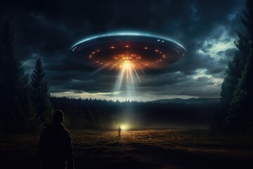 Poster - man standing in dark sky with moon, Alien UFO UAP abduction, AI Generated