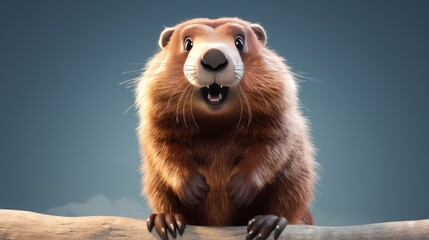 Wall Mural - Cute, smiling fluffy marmot on a plain background.