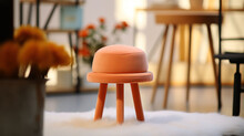 A Minimalist Stool With Peach Fuzz 2024 Color Legs And Seat Stands Out In A Cozy Room Setting, Inviting A Touch Of Modern Simplicity. This Furniture Piece Combines Functionality With The Trendy Color 
