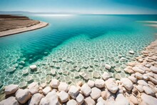 Salty Shoreline Of The Dead Sea. Untamed Environment. Tropical Terrain. Summertime
