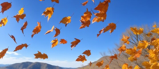 Canvas Print - Flying leaves in the wind on the mountain with trees background from Generative AI