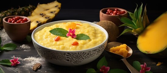 Corn flour porridge with tropical fruits and saffron.