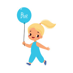 Sticker - Cheerful Girl with Blue Color Balloon Walking Vector Illustration