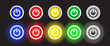 Glowing neon Power button icon isolated on white background. Blue, Red, Yellow, Green and White Color glowing power on or off circle button. Vector Illustration
