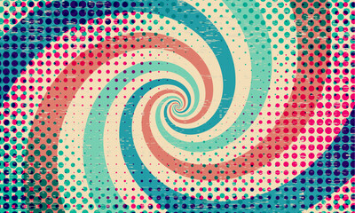 Poster - Groovy abstract rainbow swirl background. Retro grunge vector design in 1960-1970s style. Vintage sunburst backdrop. Natural colors summer hippie