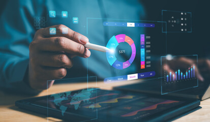 Concept digital transformation technology strategy, Analyst working with Business, Analytics and Data Management System on computer, make a report with KPI and metrics connected to database. Corporate