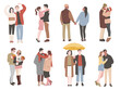 © YummyBuum - Happy couples in love. Romantic girls and guys in a relationship, people kissing and hugging, men and women lovers characters. Girlfriend and boyfriend together. Cartoon flat tidy vector set