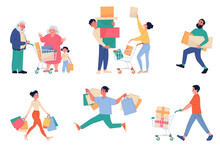 Happy People On Shopping. Male And Female Characters With Packages, Boxes And Carts, Buying Goods, Chasing Sales And Discounts, Buying Gifts And Presents Cartoon Flat Isolated Vector Set