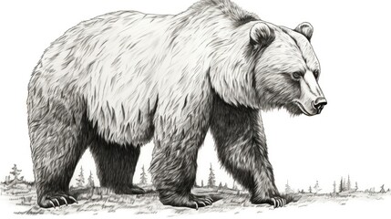 a black and white drawing of a grizzly bear
