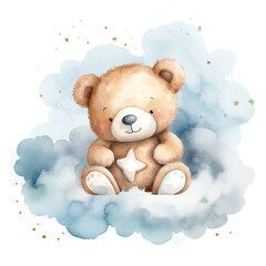 Wall Mural - Cute baby teddy bear sleeping on the cloud Illustration, Generative Ai