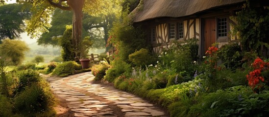 Wall Mural - Garden path to an English village house.