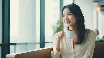 a beautiful young korean businesswoman savoring warm coffee sitting in the office. generative AI