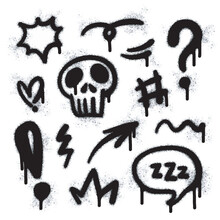Collection Of Graffiti Image Symbols. Spray Painted Graffiti Pattern With Exclamation Marks,  Arrows, Crown Hearts, Stars, Fences, Skulls And Fists. Spray Paint Element. Street Art Style Illustration.